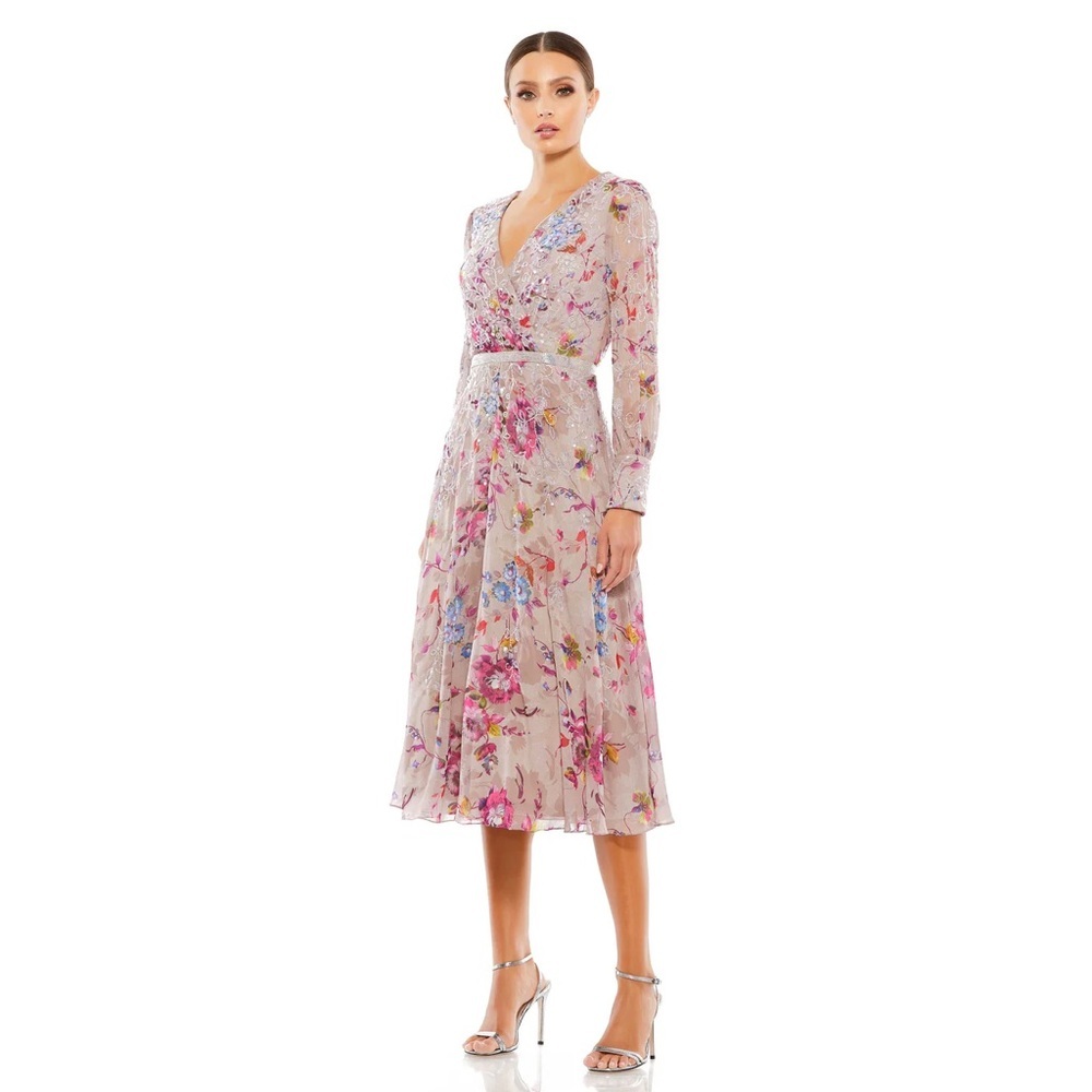 Mac Duggal Floral Long Sleeve Midi Dress in Blush